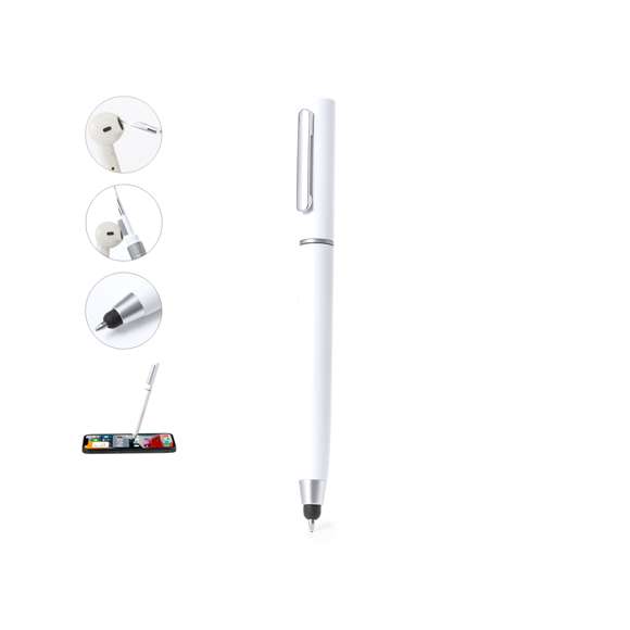 Práctico bolígrafo puntero de mecanismo giratorio, con accesorios de limpieza alojados en la parte superior de la caña. Incluye un cepillo y una punta metálica protegidos por una capucha. Con clip metálico y en tinta azul. Disponible en varios colores y presentado individualmente en caja de diseño kraft.