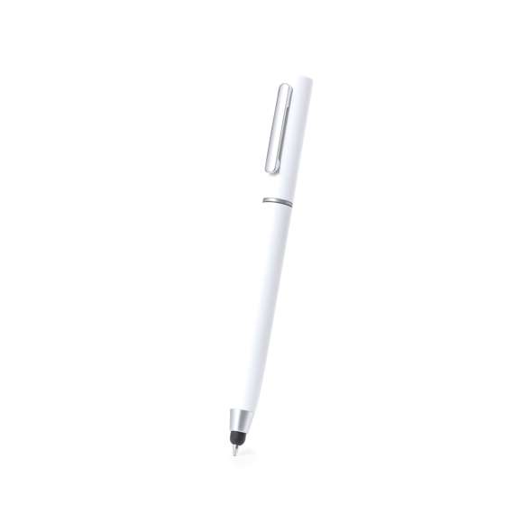 Práctico bolígrafo puntero de mecanismo giratorio, con accesorios de limpieza alojados en la parte superior de la caña. Incluye un cepillo y una punta metálica protegidos por una capucha. Con clip metálico y en tinta azul. Disponible en varios colores y presentado individualmente en caja de diseño kraft.