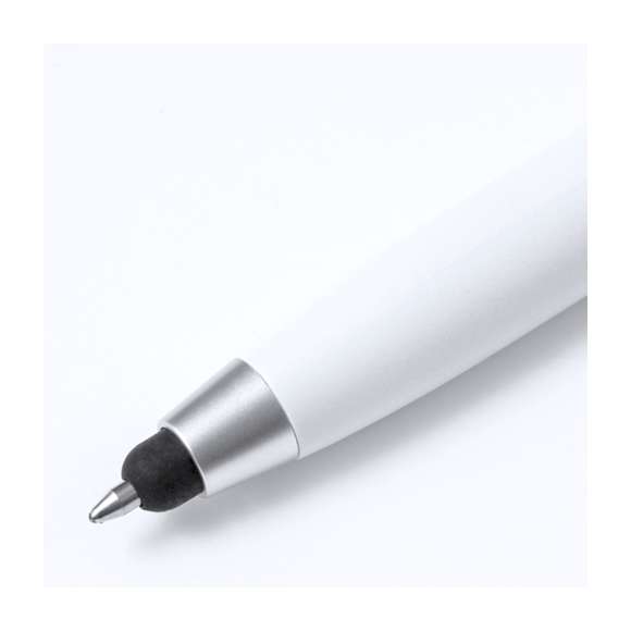 Práctico bolígrafo puntero de mecanismo giratorio, con accesorios de limpieza alojados en la parte superior de la caña. Incluye un cepillo y una punta metálica protegidos por una capucha. Con clip metálico y en tinta azul. Disponible en varios colores y presentado individualmente en caja de diseño kraft.