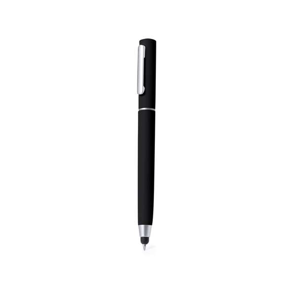 Práctico bolígrafo puntero de mecanismo giratorio, con accesorios de limpieza alojados en la parte superior de la caña. Incluye un cepillo y una punta metálica protegidos por una capucha. Con clip metálico y en tinta azul. Disponible en varios colores y presentado individualmente en caja de diseño kraft.