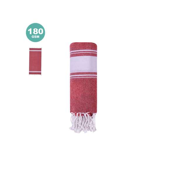Suave pareo de toalla de 180g/m2 en combinación de algodón y poliéster. Disponible en variada gama de colores en tono bicolor. Presentado individualmente en bolsa.