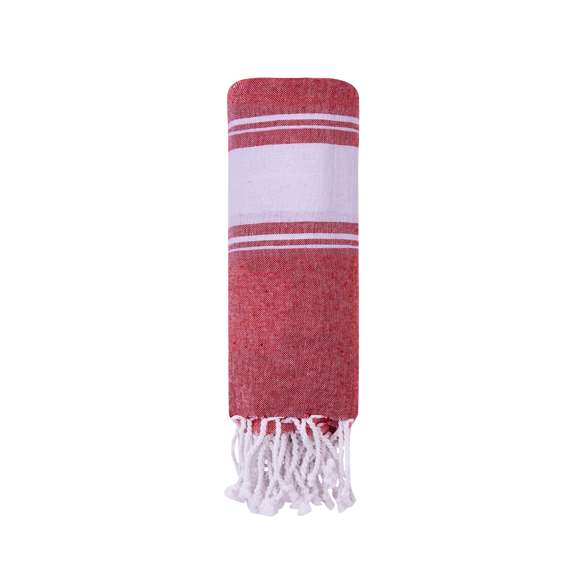 Suave pareo de toalla de 180g/m2 en combinación de algodón y poliéster. Disponible en variada gama de colores en tono bicolor. Presentado individualmente en bolsa.