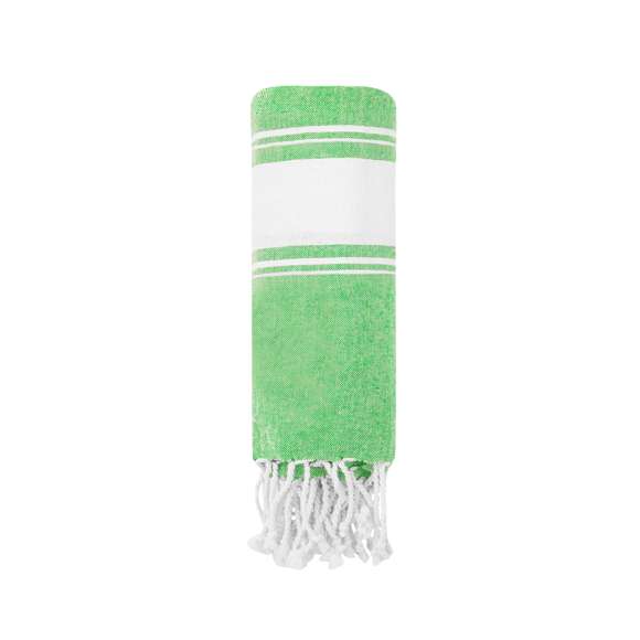 Suave pareo de toalla de 180g/m2 en combinación de algodón y poliéster. Disponible en variada gama de colores en tono bicolor. Presentado individualmente en bolsa.