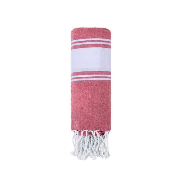 Suave pareo toalla en 100% algodón reciclado de 180g/m2. Disponible en variada gama de colores en tono bicolor. Logotipo en etiqueta lateral. Presentado individualmente en bolsa.