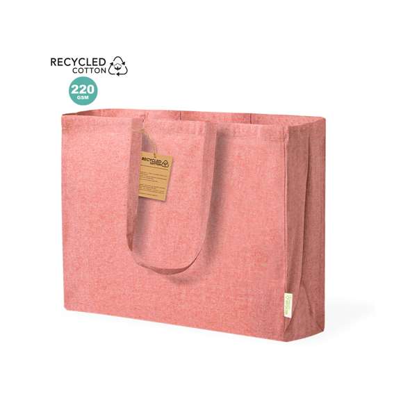 Bolsa fabricada en algodón reciclado de alto gramaje 220g/m2. De acabado cosido y con asas largas reforzadas. Con fuelle y disponible variados colores. Logotipo algodón reciclado en etiqueta exterior. Resistencia hasta 9 kg de peso.