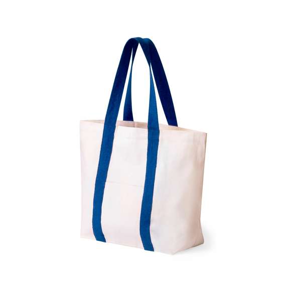 Bolsa fabricada en resistente algodón de 280g/m2. De acabado cosido, cierre de botón, fuelle y asas largas de 60cm reforzadas, en diversos colores. Además, tiene bolsillo exterior de fácil acceso y otro interior con cierre de cremallera. Resistencia hasta 10kg de peso.