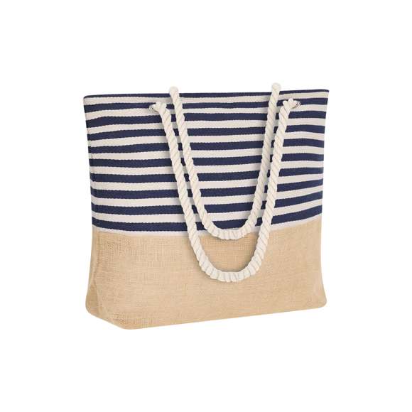 Bolsa fabricada en resistente algodón de 450g/m2 y base de yute. De acabado cosido, cierre de cremallera, con distinguido diseño a rayas blancas y azules. Asas largas hechas en algodón de color blanco en forma de cuerda reforzadas con argollas. Resistencia hasta 13kg de peso.