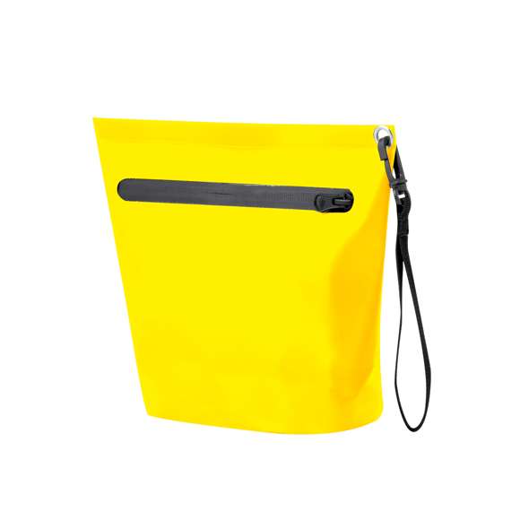 Portatodo impermeable fabricado en resistente pvc. Cierre de seguridad por cremallera con asa de transporte con mosquetón de plástico giratorio. Disponible en variada gama de colores con cremallera y asa de color negro.