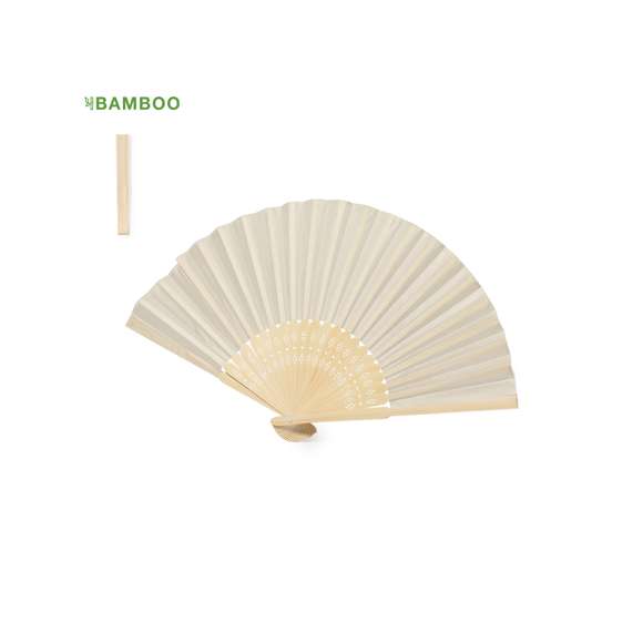 Abanico fabricado con varillas de bambú y tela de poliéster. En tonos naturales y presentado en caja individual diseño kraft.Materiales como el bambú fomentan la utilización de materias primas naturales, reduciendo las emisiones contaminantes. Proviene de una planta de gran resistencia y versatilidad, con crecimiento y regeneración rápidos, siendo una excelente alternativa al uso de madera tradicional.