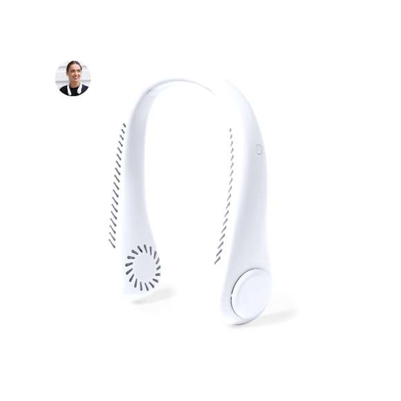 Práctico ventilador portátil fabricado en resistente ABS. Este elegante ventilador tiene un diseño en forma de collar para colocarlo alrededor del cuello, brindando una sensación refrescante. Ofrece tres posiciones de velocidad diferentes y es recargable mediante su batería de 800 mAh, cable Micro USB incluido. Presentado en caja de diseño kraft.
