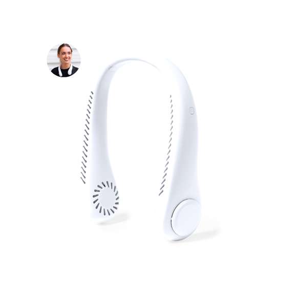 Práctico ventilador portátil fabricado en resistente ABS. Este elegante ventilador tiene un diseño en forma de collar para colocarlo alrededor del cuello, brindando una sensación refrescante. Ofrece tres posiciones de velocidad diferentes y es recargable mediante su batería de 800 mAh, cable Micro USB incluido. Presentado en caja de diseño kraft.