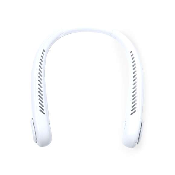 Práctico ventilador portátil fabricado en resistente ABS. Este elegante ventilador tiene un diseño en forma de collar para colocarlo alrededor del cuello, brindando una sensación refrescante. Ofrece tres posiciones de velocidad diferentes y es recargable mediante su batería de 800 mAh, cable Micro USB incluido. Presentado en caja de diseño kraft.