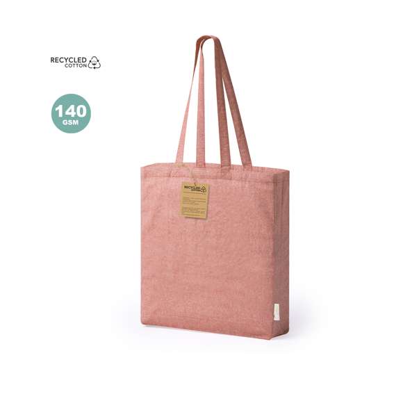 Bolsa en material 100% algodón reciclado de 140 g/m2. Asas largas de 70cm con refuerzo, de acabado cosido y fuelle. Logotipo en etiqueta lateral y resistencia hasta 8 kg de peso. Disponible en variada gama de colores nature.
