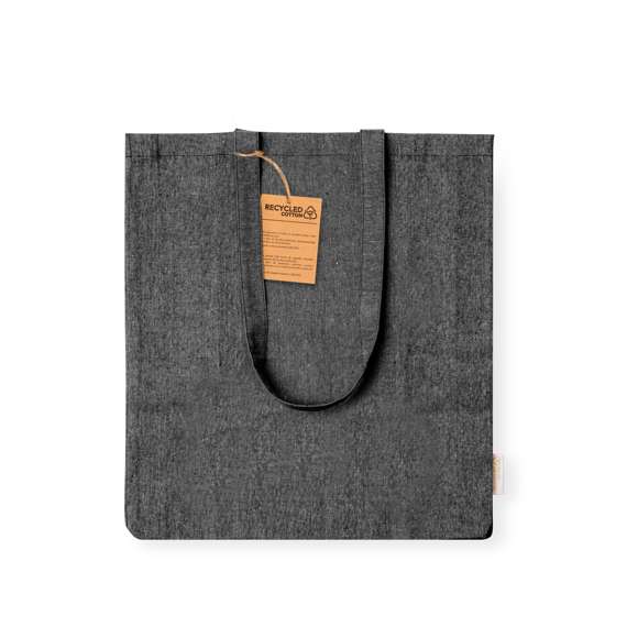 Bolsa en material 100% algodón reciclado de 140 g/m2. Asas largas de 70cm con refuerzo, de acabado cosido y fuelle. Logotipo en etiqueta lateral y resistencia hasta 8 kg de peso. Disponible en variada gama de colores nature.