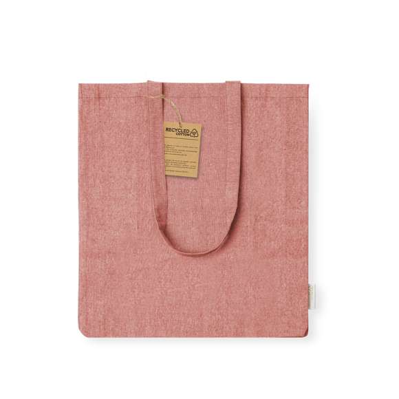 Bolsa en material 100% algodón reciclado de 140 g/m2. Asas largas de 70cm con refuerzo, de acabado cosido y fuelle. Logotipo en etiqueta lateral y resistencia hasta 8 kg de peso. Disponible en variada gama de colores nature.