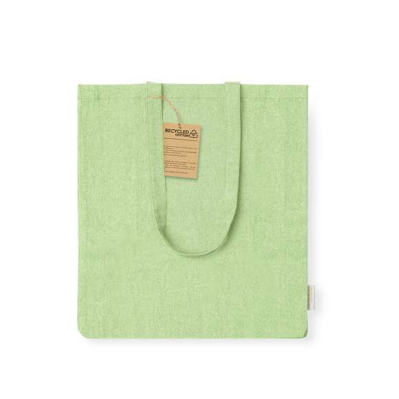 Bolsa en material 100% algodón reciclado de 140 g/m2. Asas largas de 70cm con refuerzo, de acabado cosido y fuelle. Logotipo en etiqueta lateral y resistencia hasta 8 kg de peso. Disponible en variada gama de colores nature.