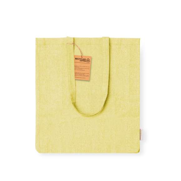 Bolsa en material 100% algodón reciclado de 140 g/m2. Asas largas de 70cm con refuerzo, de acabado cosido y fuelle. Logotipo en etiqueta lateral y resistencia hasta 8 kg de peso. Disponible en variada gama de colores nature.