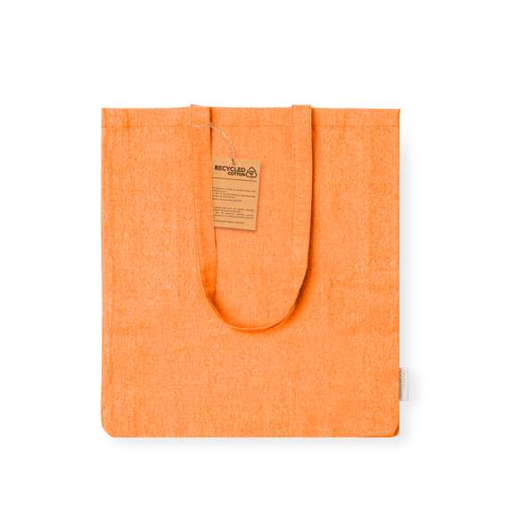 Bolsa en material 100% algodón reciclado de 140 g/m2. Asas largas de 70cm con refuerzo, de acabado cosido y fuelle. Logotipo en etiqueta lateral y resistencia hasta 8 kg de peso. Disponible en variada gama de colores nature.