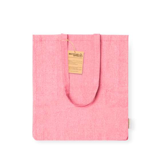 Bolsa en material 100% algodón reciclado de 140 g/m2. Asas largas de 70cm con refuerzo, de acabado cosido y fuelle. Logotipo en etiqueta lateral y resistencia hasta 8 kg de peso. Disponible en variada gama de colores nature.