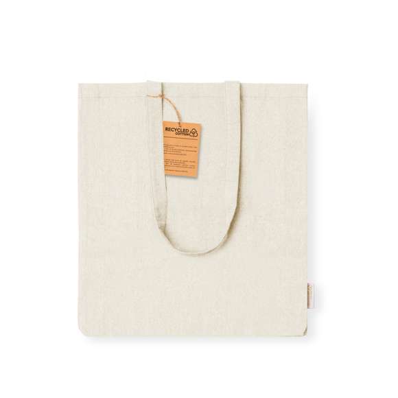 Bolsa en material 100% algodón reciclado de 140 g/m2. Asas largas de 70cm con refuerzo, de acabado cosido y fuelle. Logotipo en etiqueta lateral y resistencia hasta 8 kg de peso. Disponible en variada gama de colores nature.
