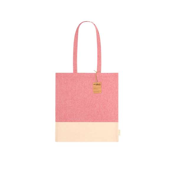 Bolsa en material 100% algodón reciclado de 120 g/m2. Asas largas de 70cm con refuerzo y de acabado cosido. Logotipo en etiqueta lateral y resistencia hasta 8 kg de peso. Disponible en variada gama de colores nature con base de color natural.