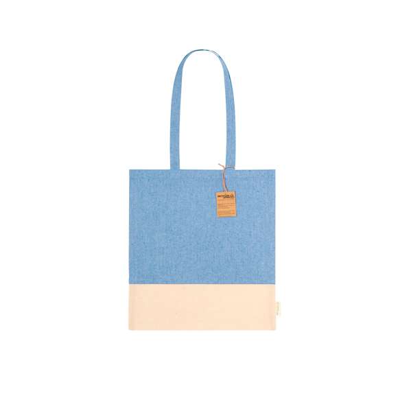 Bolsa en material 100% algodón reciclado de 120 g/m2. Asas largas de 70cm con refuerzo y de acabado cosido. Logotipo en etiqueta lateral y resistencia hasta 8 kg de peso. Disponible en variada gama de colores nature con base de color natural.