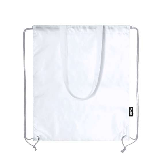 Bolsa mochila de cuerdas en resistente RPET 210T, con asas de transporte de 70 cm a juego. Las cuerdas cuentan con argollas metálicas reforzadas y logotipo RPET reciclado en etiqueta lateral. Disponible en una variada gama de colores. El material RPET se elabora a partir de plástico reciclado, para así fomentar la reutilización de residuos plásticos y ayudar a la sostenibilidad del planeta.