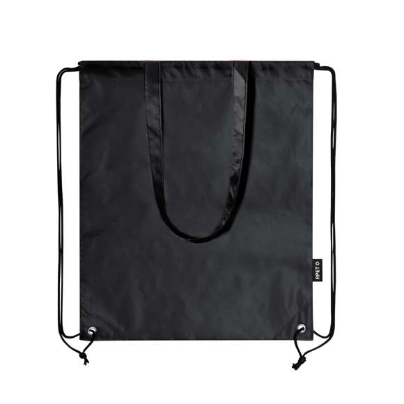 Bolsa mochila de cuerdas en resistente RPET 210T, con asas de transporte de 70 cm a juego. Las cuerdas cuentan con argollas metálicas reforzadas y logotipo RPET reciclado en etiqueta lateral. Disponible en una variada gama de colores. El material RPET se elabora a partir de plástico reciclado, para así fomentar la reutilización de residuos plásticos y ayudar a la sostenibilidad del planeta.