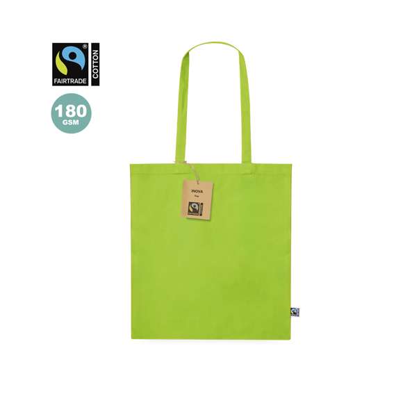 Bolsa de línea nature, fabricada en 100% algodón de 180g/m2. Con certificación Fairtrade (Comercio Justo) un sistema comercial solidario y alternativo al convencional que persigue el desarrollo de los pueblos y la lucha contra la pobreza. De acabado cosido, con asas largas de 70cm y resistencia hasta 6kg de peso. Disponible en diferentes y alegres colores. Incluida etiqueta Fairtrade y etiqueta con logotipo en cartón reciclado.