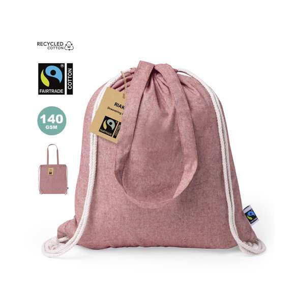 Mochila de cuerdas de línea nature, fabricada en 100% algodón de 140g/m2. Con certificación Fairtrade (Comercio Justo) un sistema comercial solidario y alternativo al convencional que persigue el desarrollo de los pueblos y la lucha contra la pobreza. De acabado cosido, cordones de algodón color natural con argollas metálicas y asas de transporte. Disponible en distintos y llamativos colores. Resistencia hasta 6kg de peso. Incluida etiqueta Fairtrade y etiqueta con logotipo en cartón reciclado.