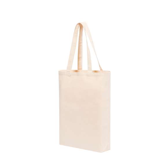 Bolsa de canvas de 270g/m2. En color natural, con resistente acabado cosido y asas reforzadas de 70cm de largas. Resistencia hasta 10 kg de peso con fuelle.