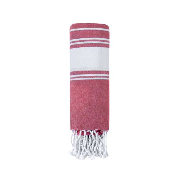 Suave pareo de toalla de 180g/m2 en combinación de algodón y poliéster. Disponible en variada gama de colores en tono bicolor. Presentado individualmente en bolsa.