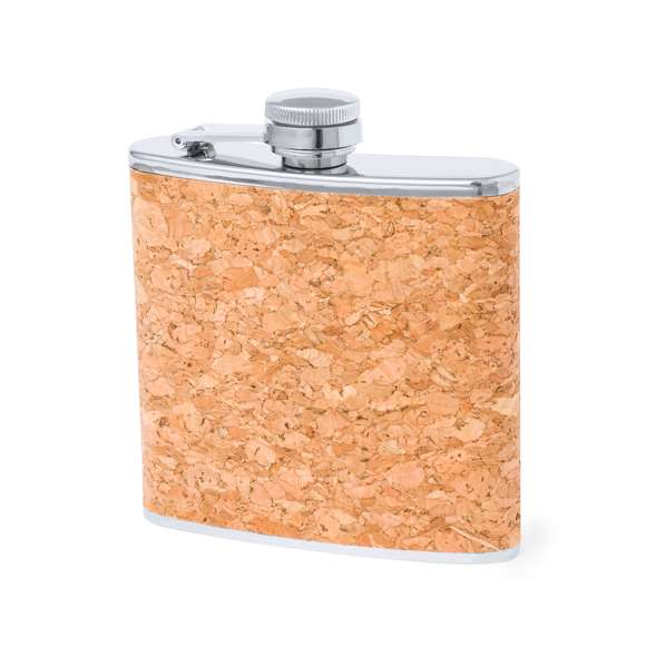 Petaca de línea nature y 170 ml de capacidad. Exterior en corcho natural, con cuerpo de acero inox y tapón de seguridad a rosca. De diseño ergonómico para guardar cómodamente en el bolsillo. Presentada en caja individual de diseño eco en cartón kraft.
