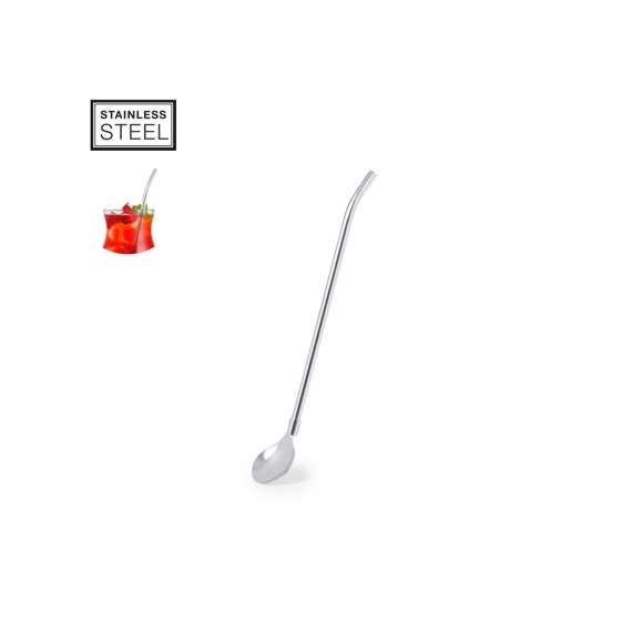 Práctico agitador con pajita en acero inox. Con diseño elegante y funcional, este accesorio es esencial para bebidas frías o calientes. Pajita integrada que permite absorber con facilidad y en el extremo inferior una práctica cucharilla. Presentado en una bolsa individual.