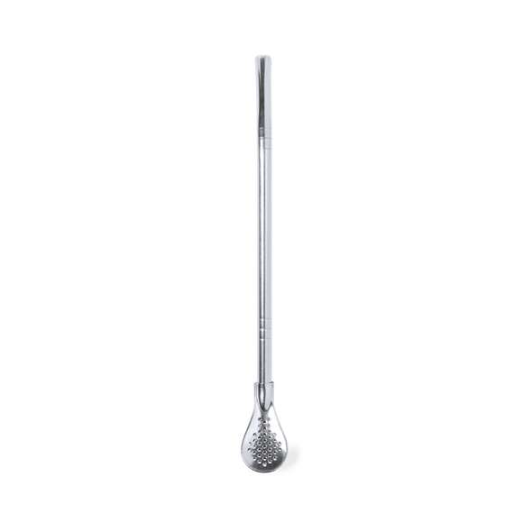 Práctico agitador con pajita en acero inox. Con diseño elegante y funcional, este accesorio es esencial para bebidas frías o calientes. Pajita integrada que permite absorber con facilidad y en el extremo inferior una práctica cucharilla con filtro. Presentado en una bolsa individual.