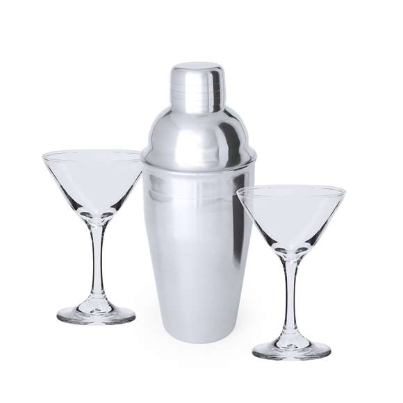 Elegante set de coctel. Conjunto de coctelera en acero inox de 550 ml para preparar las mejores mezclas de bebidas. Además, contiene 2 copas de cristal de 150 ml cada una y de elegante diseño triangular, para una presentación exquisita. Presentado en caja negra.