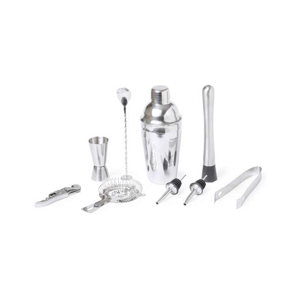 Elegante set de cóctel en acero inox. Completo set que combina conceptos modernos a la par que tradicionales. Incluye todos los utensilios esenciales para configurar los mejores cócteles. Con original base de bambú para guardar y exponer todos los utensilios. Presentado en distinguida caja de diseño kraft.Accesorios incluidos:- 1 coctelera- 1 mortero- 1 vaso medidor de 15/30 ml- 1 pinza para hielo- 1 filtro- 1 abridor/sacacorchos- 1 cucharilla mezcladora- 2 tapones dosificadores