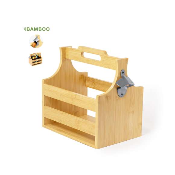 Práctico soporte para botellas hecho en bambú. Original caja de transporte de bebidas con asa troquelada en la parte superior y un abridor de botellas metálico en un lateral, con capacidad para 6 botellines. Presentado en caja de diseño kraft.