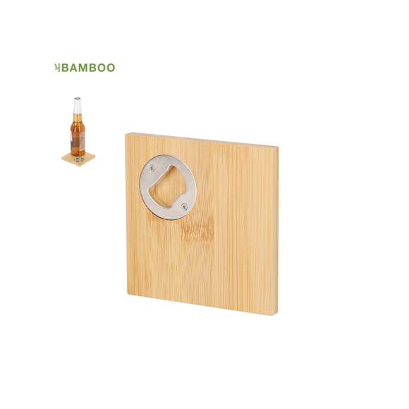 Práctico posavasos fabricado en bambú con abridor integrado, ideal para disfrutar de bebidas protegiendo la superficie y con el abrebotellas incorporado siendo un complemento versátil. Presentado individualmente en caja de diseño kraft.