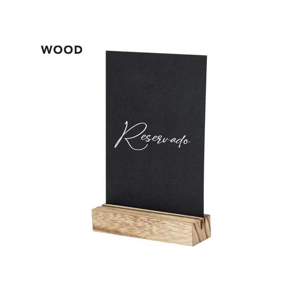 Portagráfica con base fabricada en resistente madera. Incluye práctica pizarra para escribir por ambos lados de la misma y viene presentada en caja individual de diseño kraft.