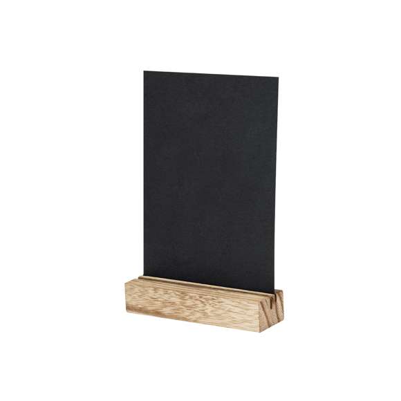 Portagráfica con base fabricada en resistente madera. Incluye práctica pizarra para escribir por ambos lados de la misma y viene presentada en caja individual de diseño kraft.