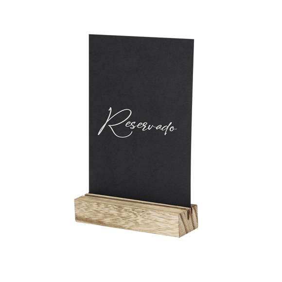 Portagráfica con base fabricada en resistente madera. Incluye práctica pizarra para escribir por ambos lados de la misma y viene presentada en caja individual de diseño kraft.