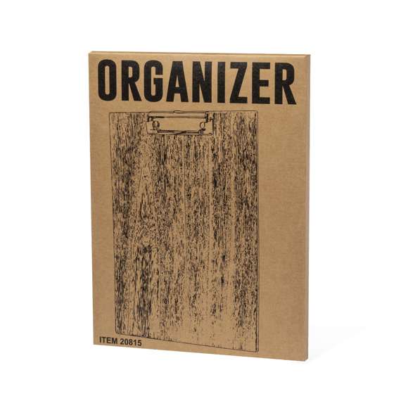 Excelente organizador en suave madera tamaño A4. Con resistente pinza para documentación y presentada individualmente en caja de diseño kraft.