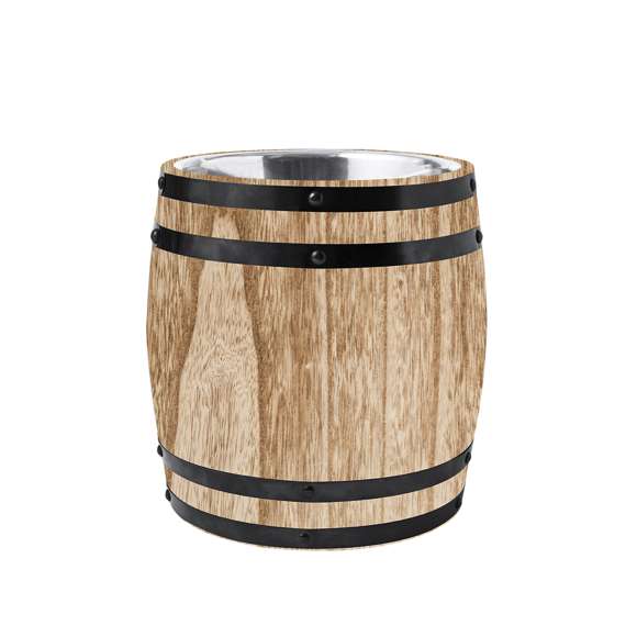 Original cubo de acero con exterior de madera. Forma de barril para conservar bebidas frías o hielos gracias a su doble pared de acero inox con 3L de capacidad. Presentado individualmente en caja de diseño kraft.