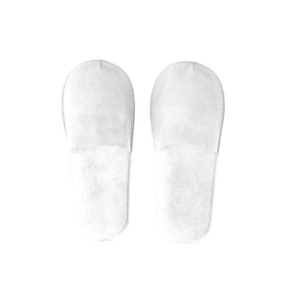 Par de zapatillas unisex fabricadas en non-woven. Confortable interior con base acolchada y pespuntes de acabado termosellado, con suela antideslizante. Talla única 36-43. Presentadas en bolsa reciclada.