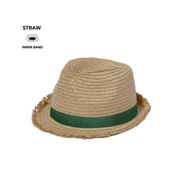 Elegante sombrero confeccionado en paja de papel. Disponible en colores naturales con bordes terminado en flecos. Incluye cinta confortable en el interior, además de otra cinta ajustable.