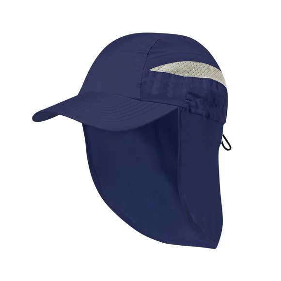 Gorra deportiva en suave microfibra de diseño bicolor en vivos colores. Cierre elástico con accesorio de ajuste y paneles de redecilla para el sudor. Además, con solapa para proteger del sol el cuello.