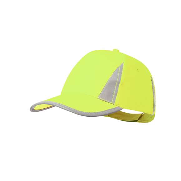Gorra de 5 paneles en suave poliéster. Cierre de velcro reflectante ajustable en la parte trasera. En color amarillo flúor o naranja con detalles reflectantes en visera, parte frontal y trasera.