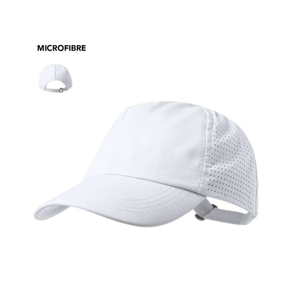 Gorra deportiva de 5 paneles fabricada en suave y resistente microfibra. Con redecilla transpirable a juego en paneles laterales, y cierre de hebilla ajustable.
