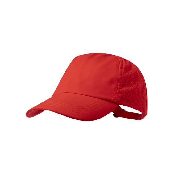 Gorra deportiva de 5 paneles fabricada en suave y resistente microfibra. Con redecilla transpirable a juego en paneles laterales, y cierre de hebilla ajustable.